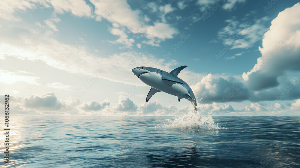 Fototapeta premium un paisaje de un tiburon saltando por encima del agua en medio del oceano en su habitat natural animales salvajes majestuosos e impresionantes