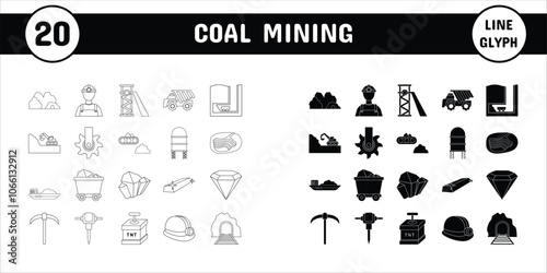 Coal Mining Line Glyph Vector Illustration Icon Sticker Set Design Materials