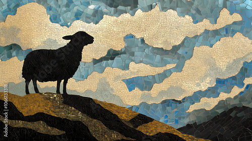 Glass mosaic collage with sheep-like clouds and a black sheep on a steep hill