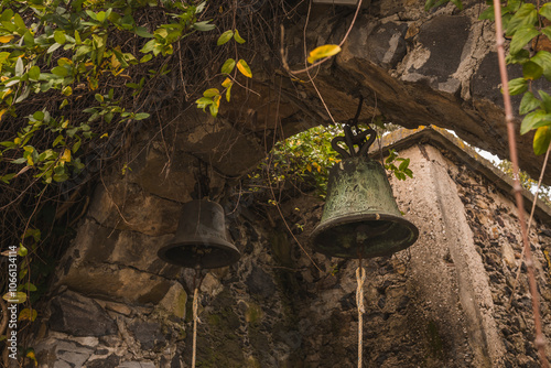 Bell in the Orthodox Monastery of San Antonio el Grande, in Jilotepec State of Mexico, with a stone arch.