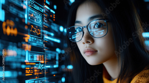 Young girl with glasses in futuristic office, focused on digital data analysis, surrounded by glowing screens and graphs, showcasing technology and innovation