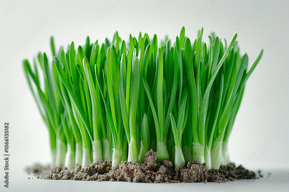 Vibrant Green Sprouting Plant on White Background, Vibrant Green Sprouting Plant on White Background,