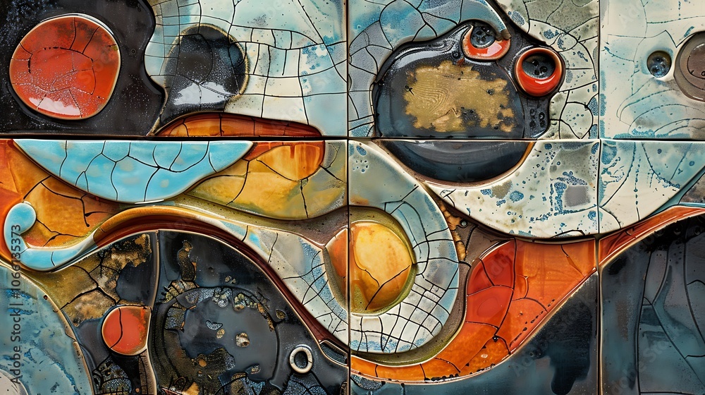 Fototapeta premium Colorful abstract ceramic wall art piece, composed of tiles with intricate patterns and textures.