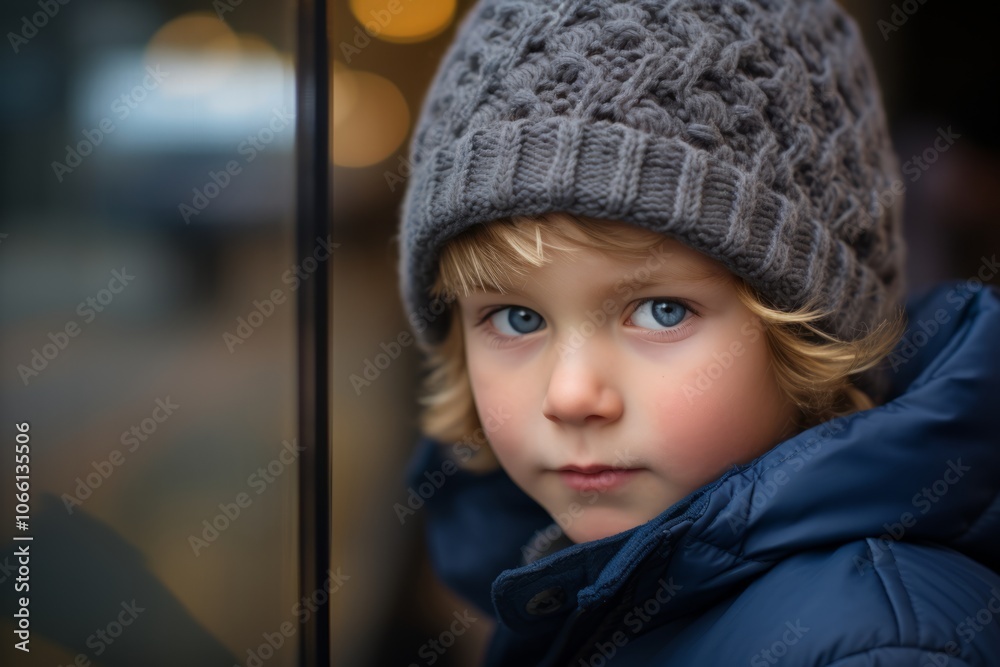 Portrait of a little boy in a hat and coat on the street Portrait of a little boy in a hat and coat on the street