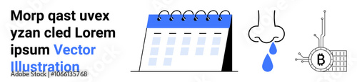 Calendar with blue header, nose dripping a blue drop, and Bitcoin blockchain circuit icon. Ideal for time management, productivity, health monitoring, cryptocurrency tracking, fintech applications