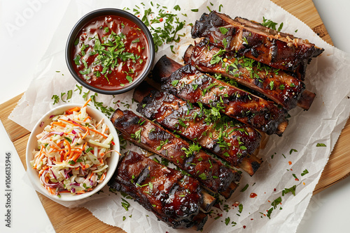 Delicious BBQ Ribs with Coleslaw on White Background