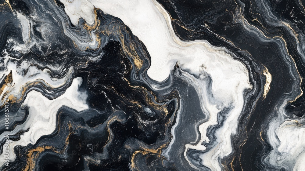 Obraz premium This artwork showcases a fascinating black and white marbled texture with swirling patterns resembling natural geological formations, revealing the interplay of light and shadow.