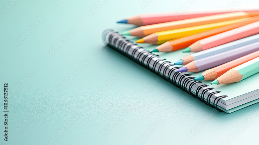 Charming arrangement of pastel colored pencils and notebook on mint background, perfect for creative projects and artistic inspiration Charming arrangement of pastel colored pencils and notebook on mint background, perfect for creative projects and artistic inspiration
