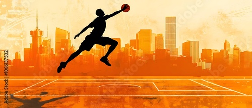 Dynamic silhouette of a basketball player jumping against an urban skyline at sunset, showcasing athleticism and energy.