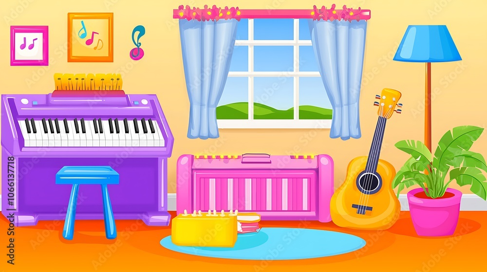 Colorful Music Room with Keyboard, Guitar, and Window View. Colorful Music Room with Keyboard, Guitar, and Window View.