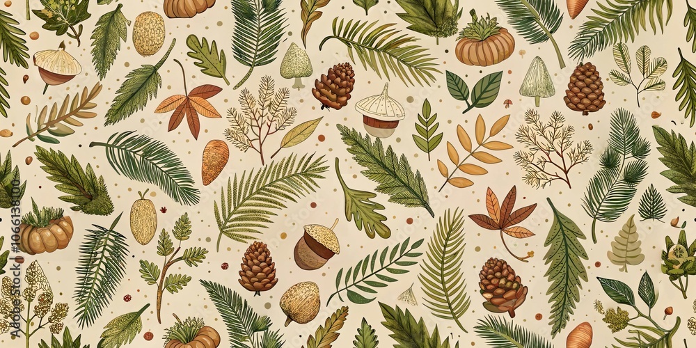 Fototapeta Seamless autumn botanical pattern with leaves, acorns, and pinecones