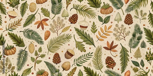Seamless autumn botanical pattern with leaves, acorns, and pinecones