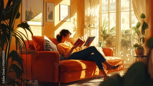 A woman and her partner in a softly lit living room, both reading different books but sitting closely on the couch, enjoying each other’s presence in a relaxed atmosphere 