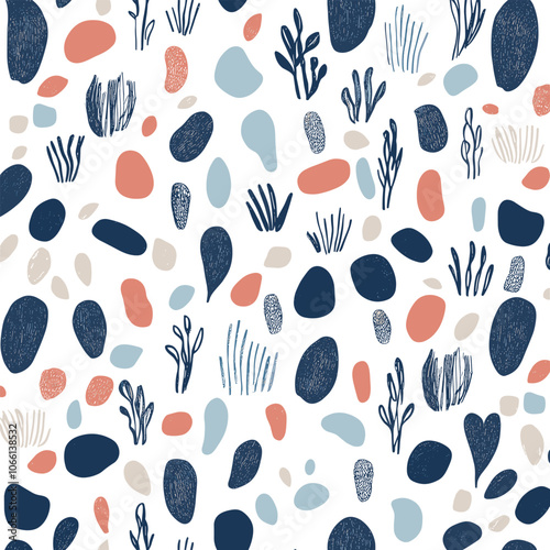 Hand-Drawn Dotted Floral Pattern with Small Colorful Shapes