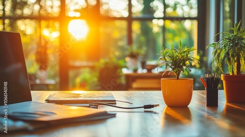 Wallpaper Mural Modern Office Desk Workspace with Laptop  Plants and Sunset View Torontodigital.ca