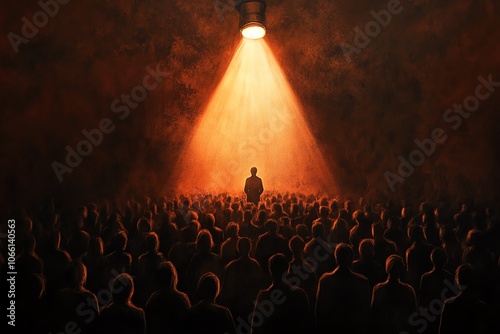 A person stands under a spotlight in a crowd, symbolizing individuality, leadership, or attention in a dark, abstract space.