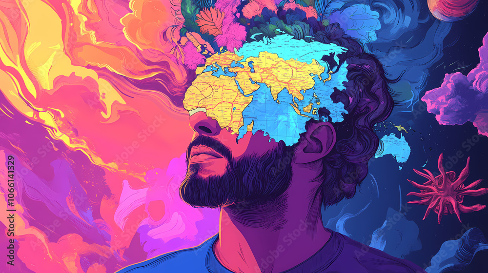 Naklejka premium Surreal man with world map head exploring psychedelic dreamscape digital art concept. psychedelic art. illustration. Dreamscape. Illustration