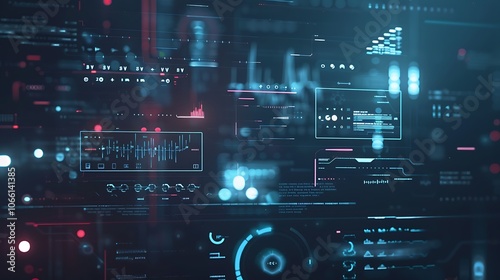 Close-up view of a futuristic digital interface with lines, numbers, and graphics on the screen. It represents the concept of innovation and digital progress.