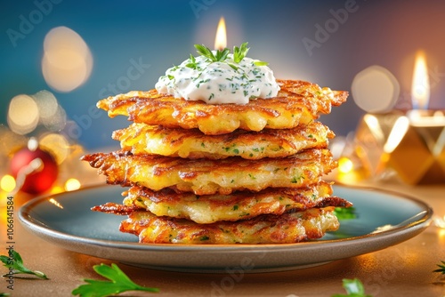 Hanukkah latkes meal concept. A stack of golden-brown fritters topped with creamy sauce and herbs surrounded by festive decorations and soft warm lighting photo