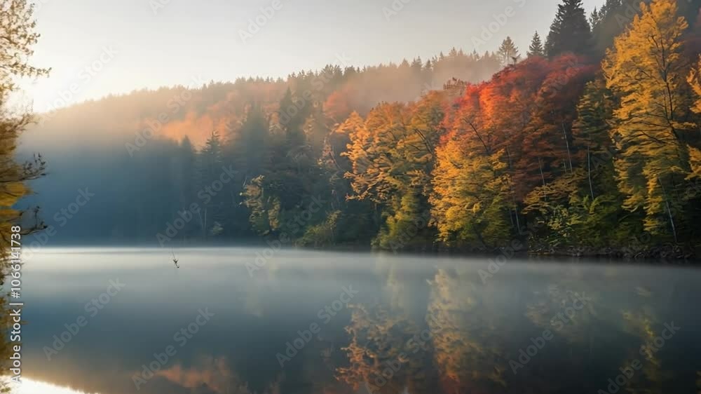 Misty morning view of a lake surrounded by autumn-colored trees, with calm water reflecting the vibrant landscape. No people, just the calmness of nature. Misty morning view of a lake surrounded by autumn-colored trees, with calm water reflecting the vibrant landscape. No people, just the calmness of nature.