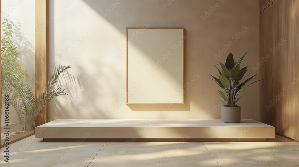 A white framed picture sits on a white pedestal in a room with a large window. Generative AI A white framed picture sits on a white pedestal in a room with a large window. Generative AI