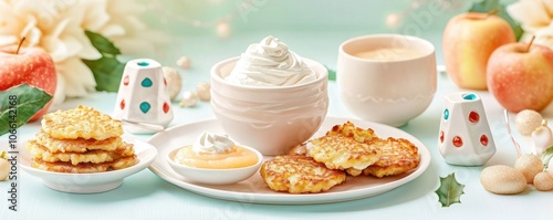 Hanukkah latkes holiday concept. A cozy arrangement of delicious pancakes with whipped cream paired with a warm drink surrounded by fresh apples and decorative dishes photo