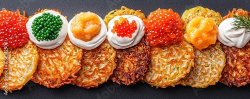 Hanukkah latkes flavor concept. A colorful array of crispy potato pancakes topped with various creams and fish roe showcasing a delightful mix of textures and flavors photo