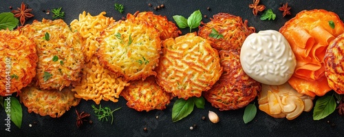 Hanukkah latkes flavor concept. A vibrant assortment of golden-brown fritters served with sauces and garnishes showcasing a variety of textures and flavors photo