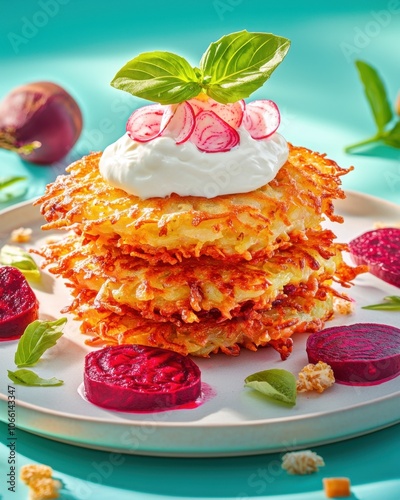 Hanukkah latkes flavor concept. A vibrant plate of crispy potato latkes topped with sour cream radishes and a garnish of fresh basil surrounded by colorful beetroot slices photo