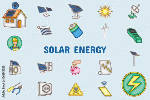 Solar Energy Lineal Color Vector Illustration Icon Sticker Set Design Materials