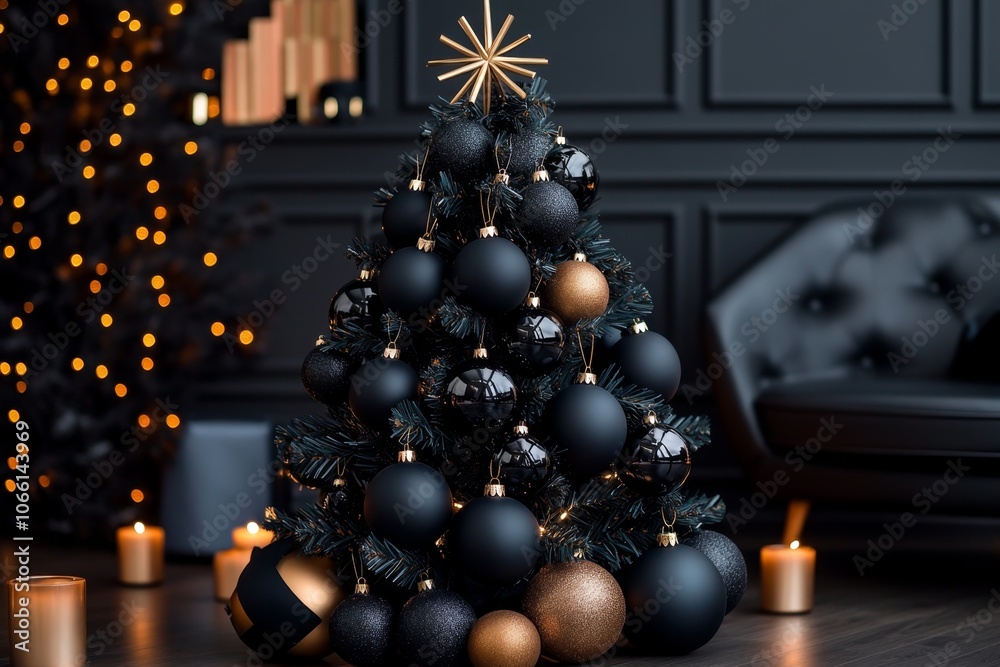A dark, gothic Christmas tree decorated with black and silver ornaments, set in a shadowy room with candlelight A dark, gothic Christmas tree decorated with black and silver ornaments, set in a shadowy room with candlelight