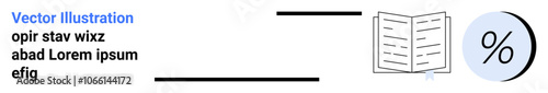 Open book and percentage circle combined with text elements. Ideal for financial reports, business analysis, education materials, data presentation, corporate documentation, academic publications