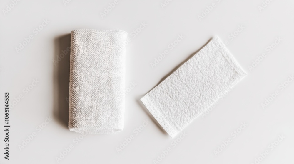 Obraz premium Two stacks of soft white tissues are placed neatly on a clean, light surface, ready for everyday needs like cleaning or personal care.
