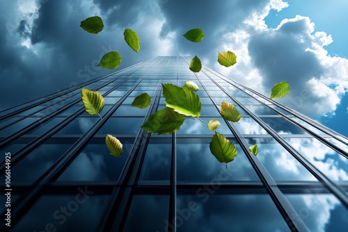 A gentle watercolor of a corporate building shedding debt like falling leaves, symbolizing deleveraging, with soft greens and blues photo