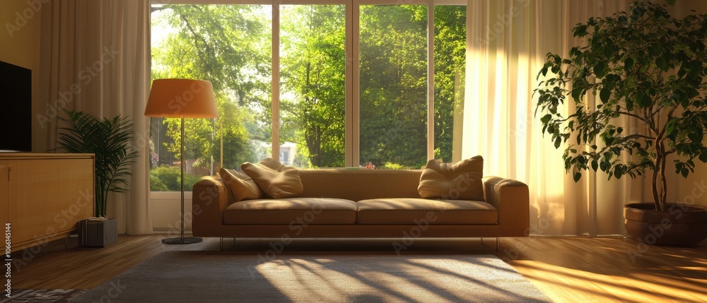 Fototapeta premium Sunbeams stream through a window illuminating a living room with a sofa and potted plants.