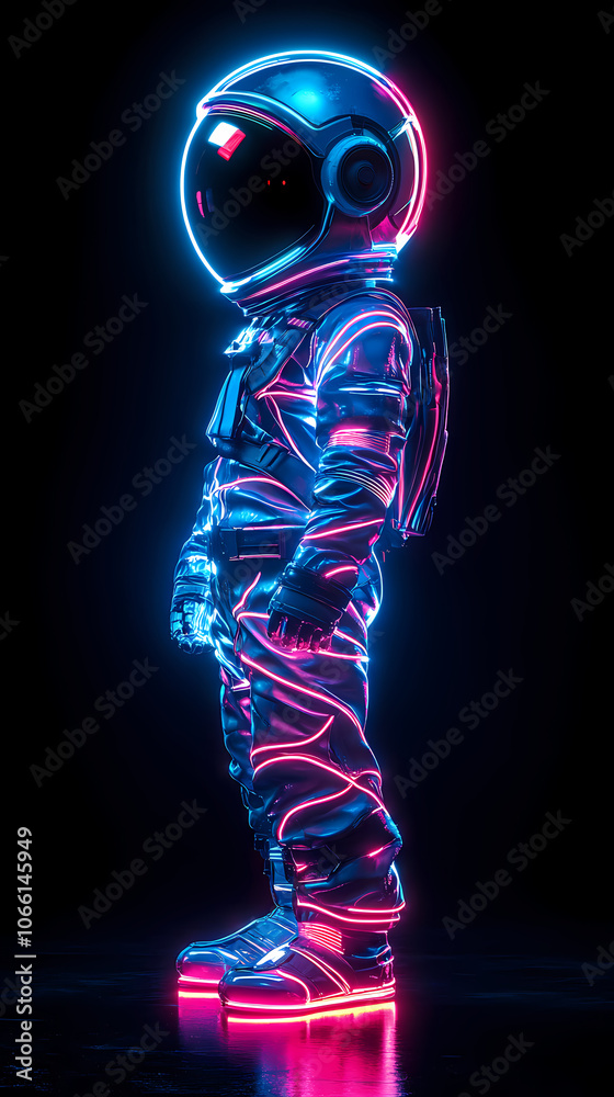 Holographic image of a child humanoid robot wearing futuristic armor made from wavy undulating lines, wearing a round helmet, pulsing with blue and pink neon waves.