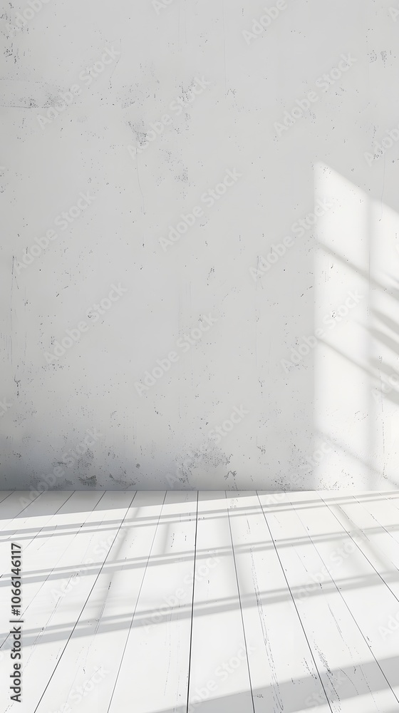 Fototapeta premium A minimalist room with a white wall and shadows creating a serene atmosphere.
