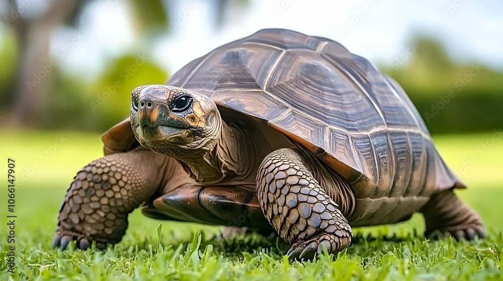 Fototapeta premium Giant Tortoise Walking on Grass, turtle, reptile, shell, slow, green