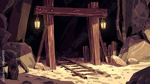 Wallpaper Mural Dark and Mysterious Mine Entrance with Lanterns. Torontodigital.ca