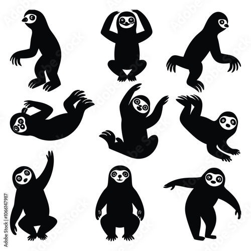 black sloths silhouette cliparts in different