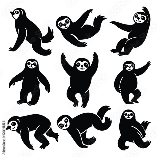 black sloths silhouette cliparts in different