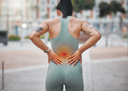 Back pain, sports and woman with red glow in city for muscle sprain with running exercise. Fitness, injury and female athlete with nerve compression for cardio workout or race training in town.