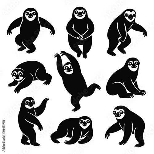 black sloths silhouette cliparts in different