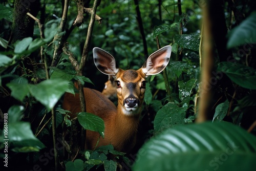 Dense, natural forest near farmland with various animals like deer and rabbits, showing rural biodiversity at its finest photo