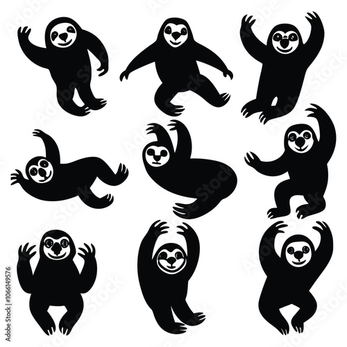 black sloths silhouette cliparts in different