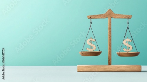 A wooden scale balances gold dollar signs, symbolizing financial equity and the relationship between value and justice against a mint green backdrop.
