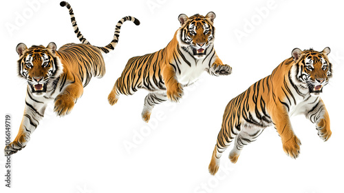 Three Jumping Tigers on White Background Generative AI photo