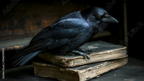 Raven perched on old books, crow, bird, black bird, antique books, book stack