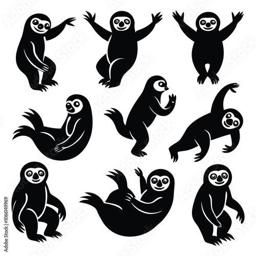 black sloths silhouette cliparts in different