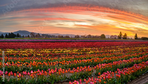 Wallpaper Mural Vibrant Tulip Field in Bloom at Sunset, Netherlands – Scenic Floral Landscape with Colorful Rows of Tulips Under a Stunning Sky Torontodigital.ca